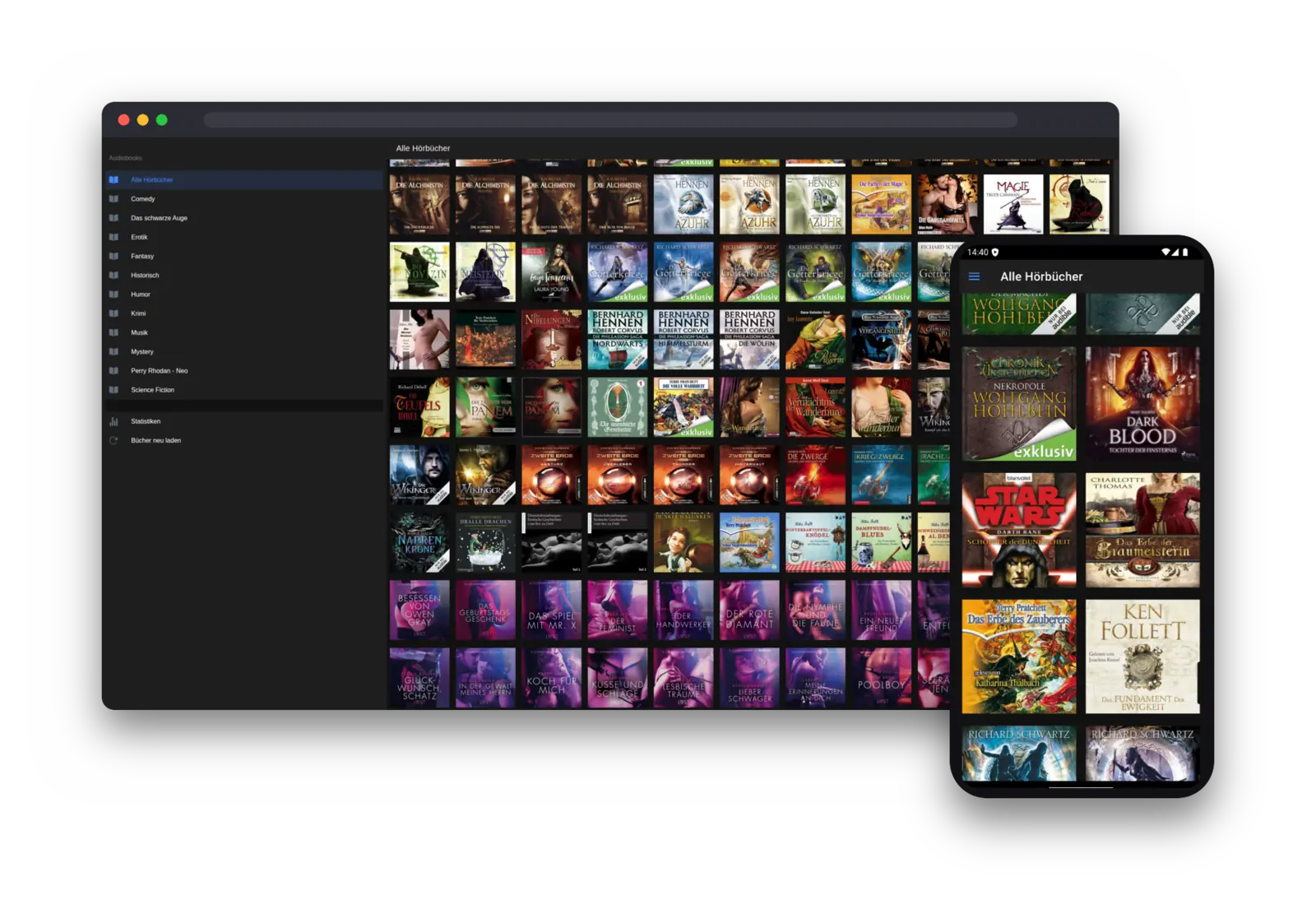 Audiobooks – Bibliotheksansicht als Cover-Raster am Desktop und Smartphone