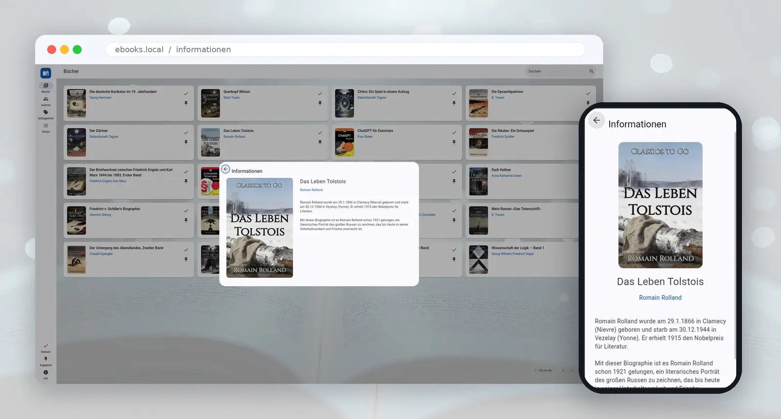 E-Books – Buchdetails im Dialog am Desktop und als Vollbild am Smartphone