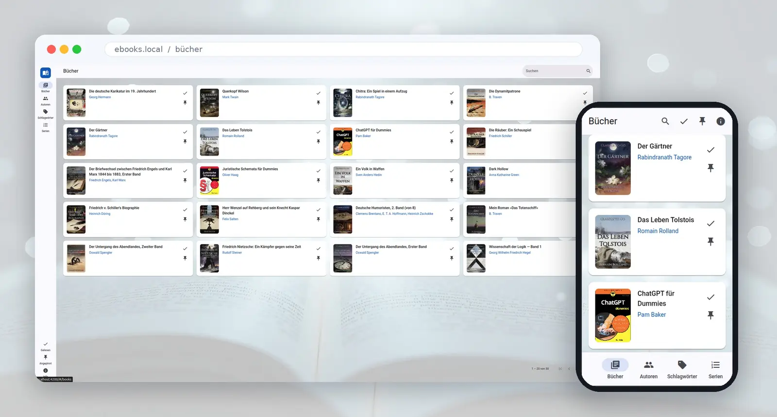 E-Books – Bücherraster am Desktop und Listenansicht am Smartphone