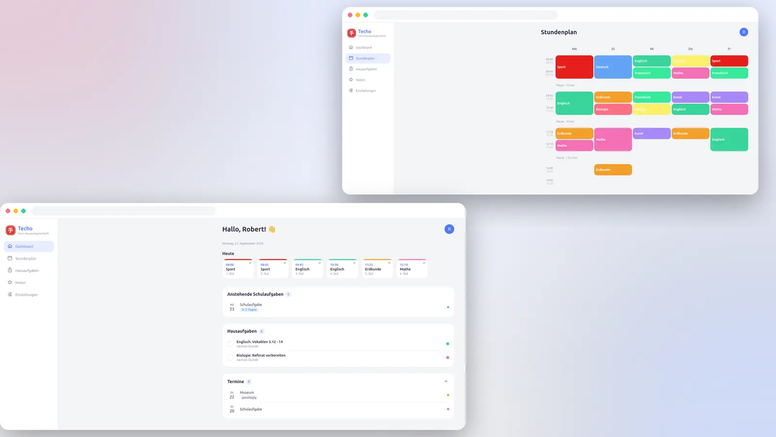 Techo Dashboard und Wochen-Stundenplan auf dem Desktop