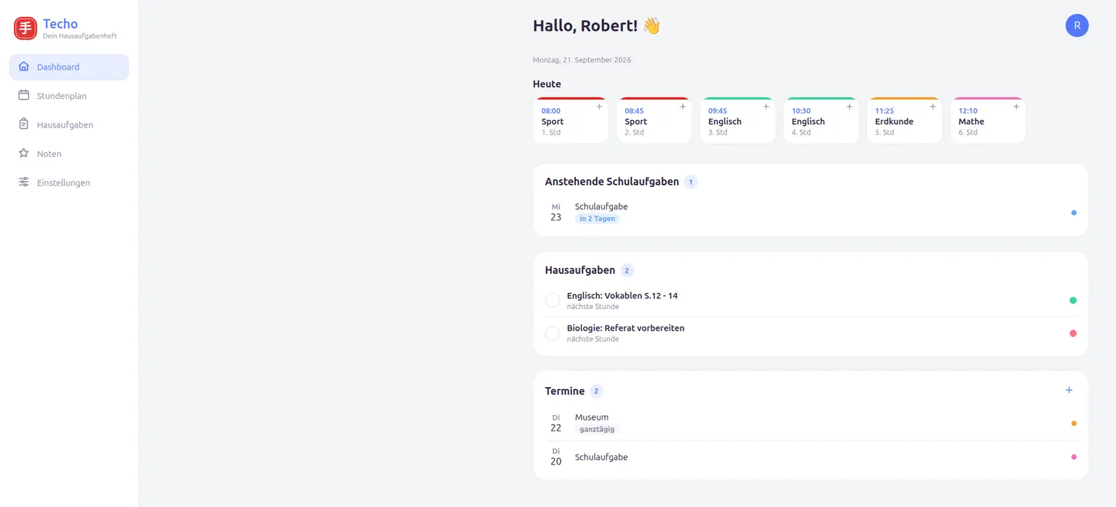 Techo Dashboard mit heutigen Stunden, Hausaufgaben und Terminen