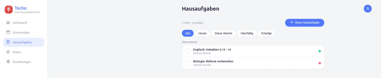 Hausaufgabenliste mit Filter-Chips
