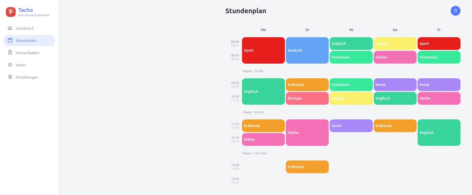 Wochen-Stundenplan mit farbigen Fachblöcken