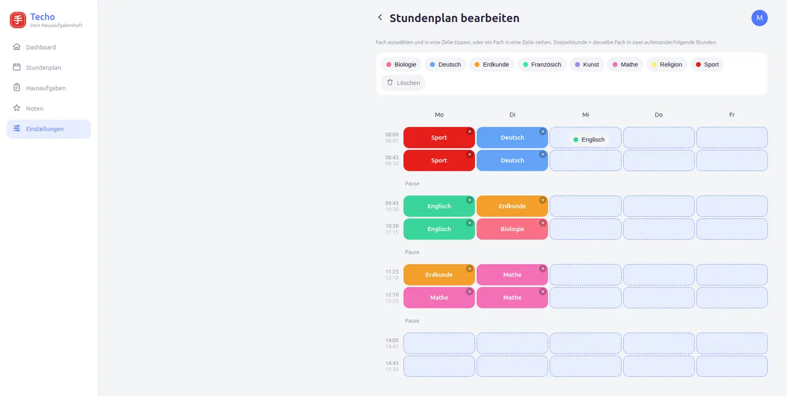 Stundenplan-Editor mit Fächer-Palette und Wochenraster