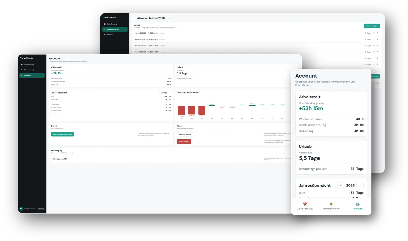 TimeSheets — Abwesenheiten- und Account-Ansicht