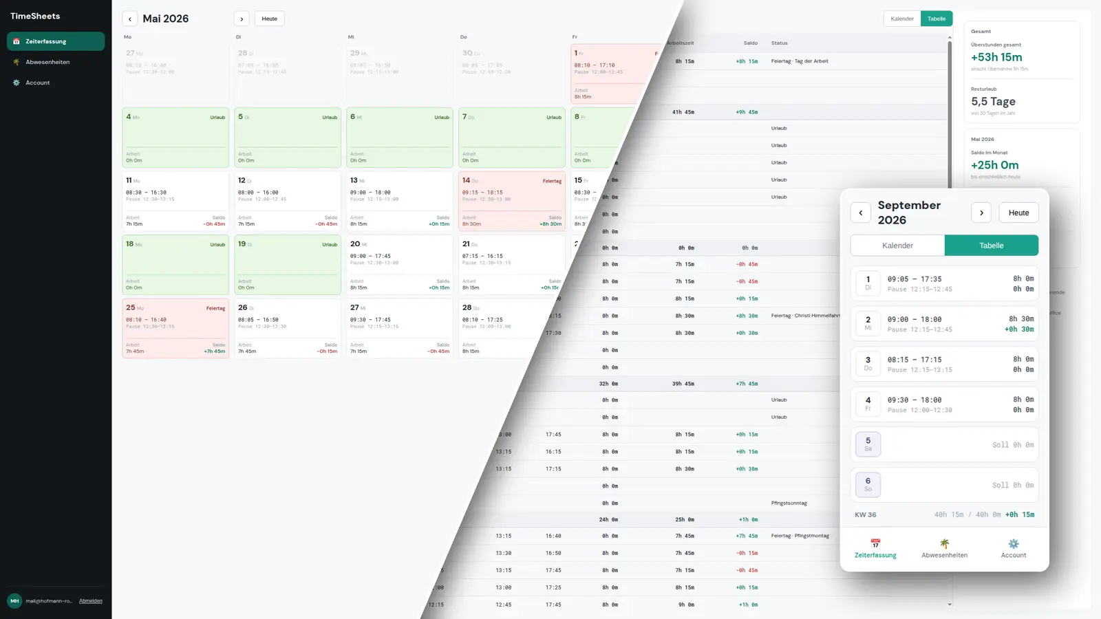 TimeSheets — Kalender- und Tabellenansicht auf Desktop und Smartphone